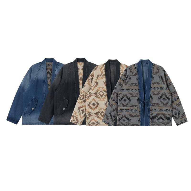 Unisex Jeans Kimono Jacket with Tie Belt and Patterned Lining Chichicherry