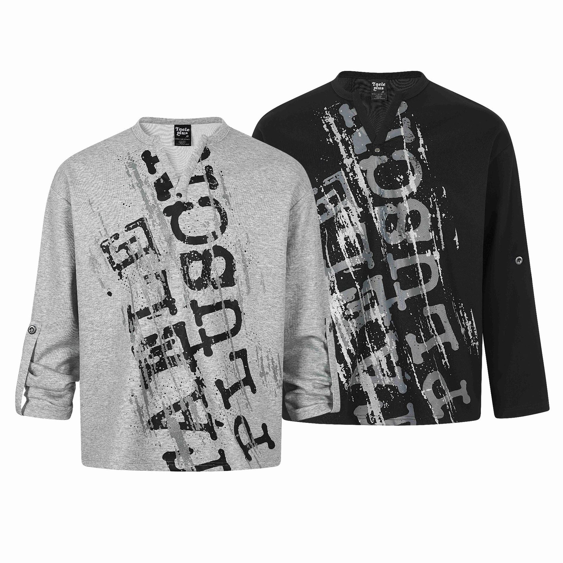 Unisex Oversize Henley Sweatshirt with Notch Collar, 3/4 Sleeves and Print Chichicherry
