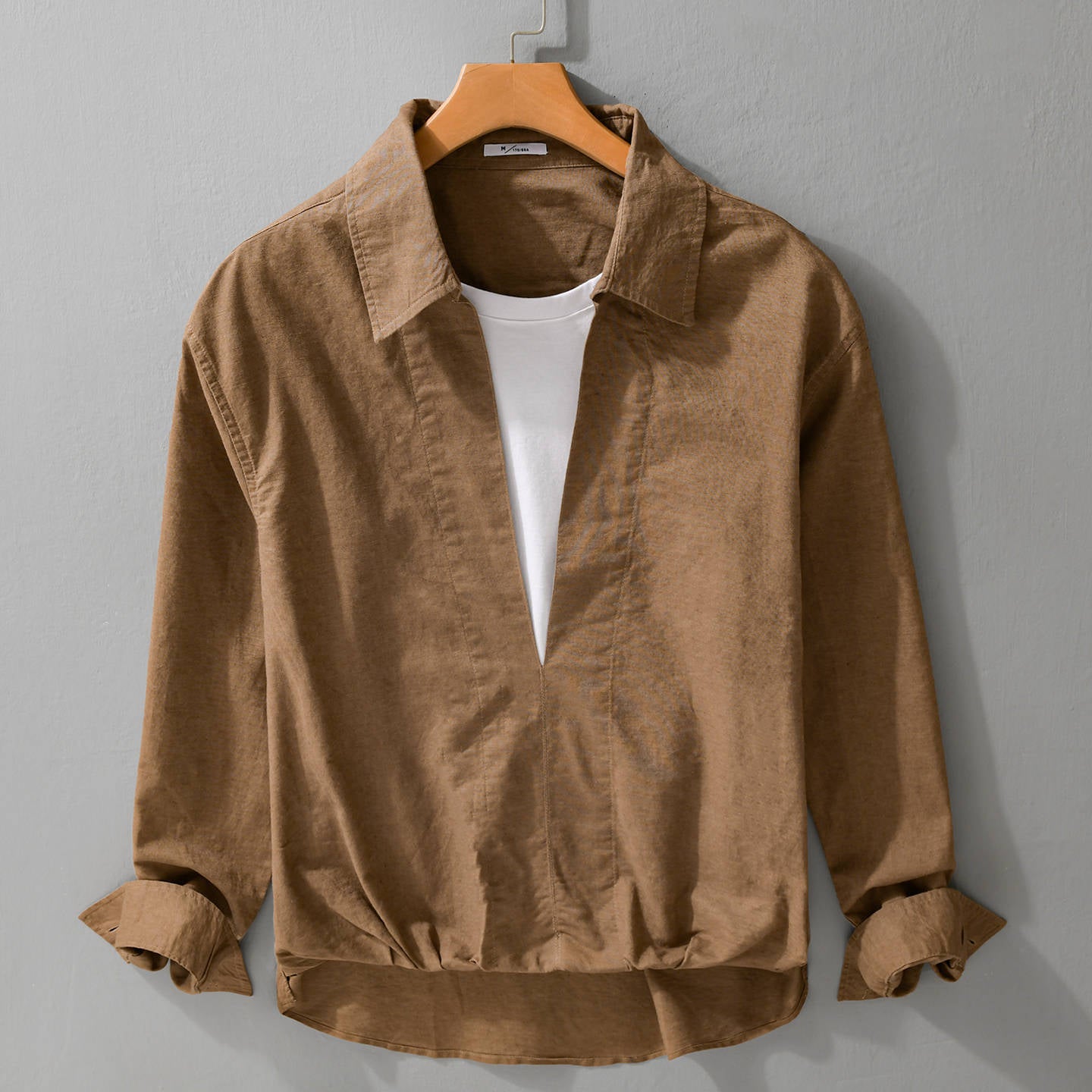 Men's Lightweight Linen Overshirt with V-Neck, Shirt Collar, and Elastic Hem Chichicherry