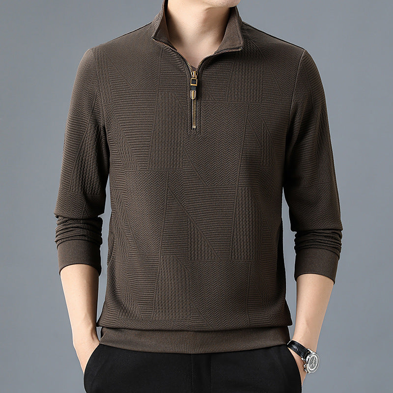 Men's Structured Pullover with Half Zipper High Stand Collar and Geometric Relief Structure Chichicherry