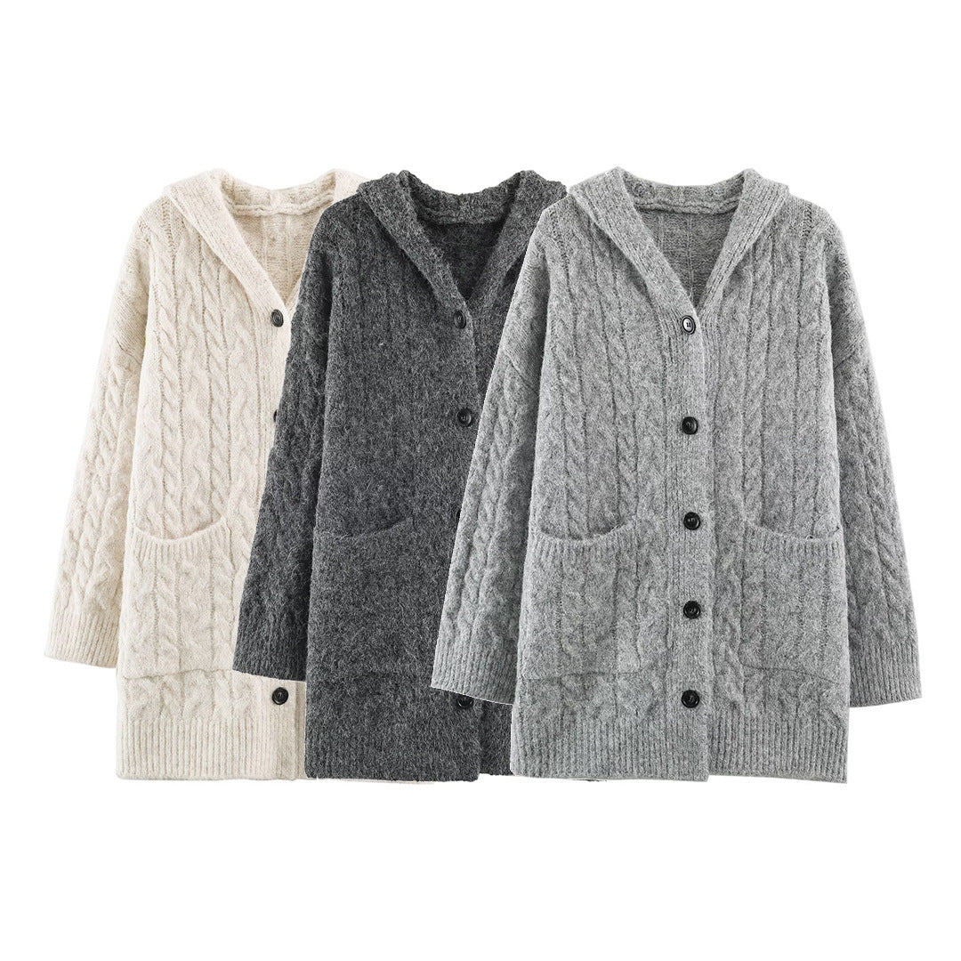 Women's Long Knitted Hooded Cardigan with Cable Pattern and Button Placket Chichicherry