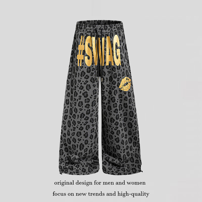 Women's Wide Palazzo Sweatpants in Leopard Print with High Comfort Waistband, Drawstring and Golden Statement Print Chichicherry