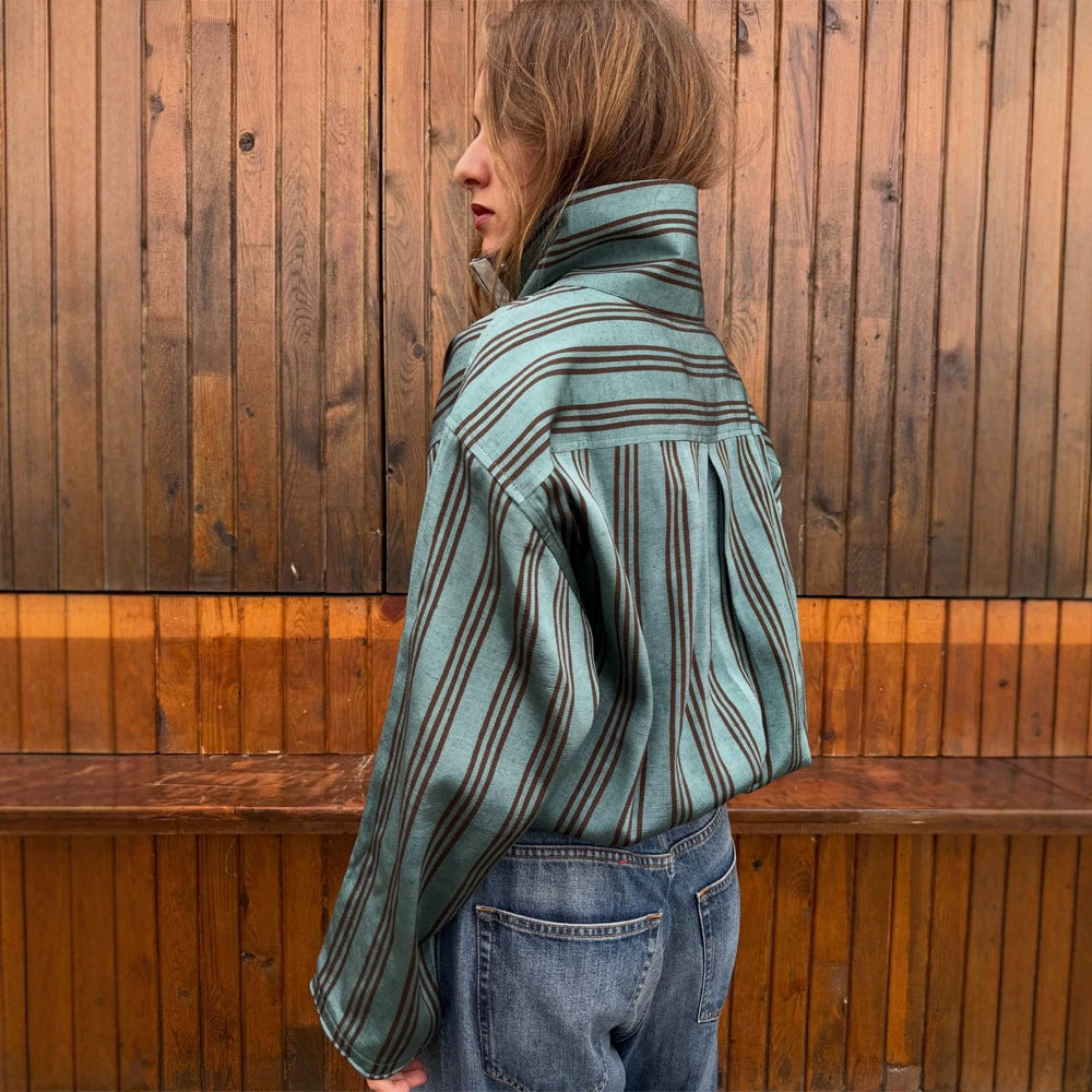 Women Oversized Stripe Sweater with Half Zipper, Stand Collar and Kangaroo Pocket Chichicherry