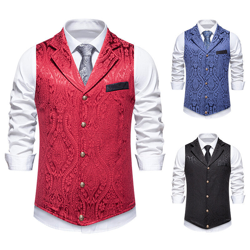 Men's Paisley Jacquard Waistcoat with Shawl Collar, Tailored Fit and Decorative Buttons Chichicherry