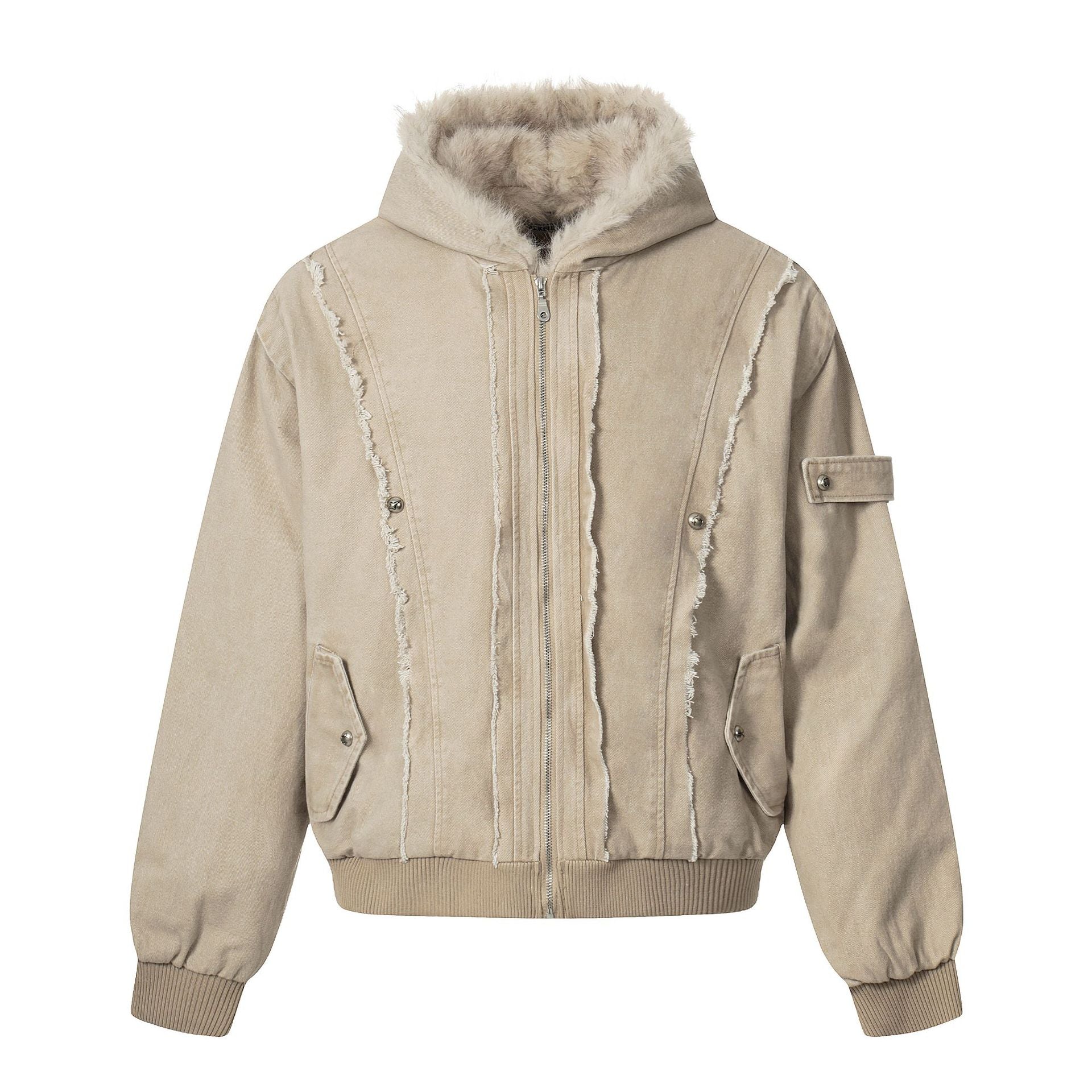 Men's Vintage-Inspired Denim Bomber Jacket with Teddy Fur Hood Chichicherry