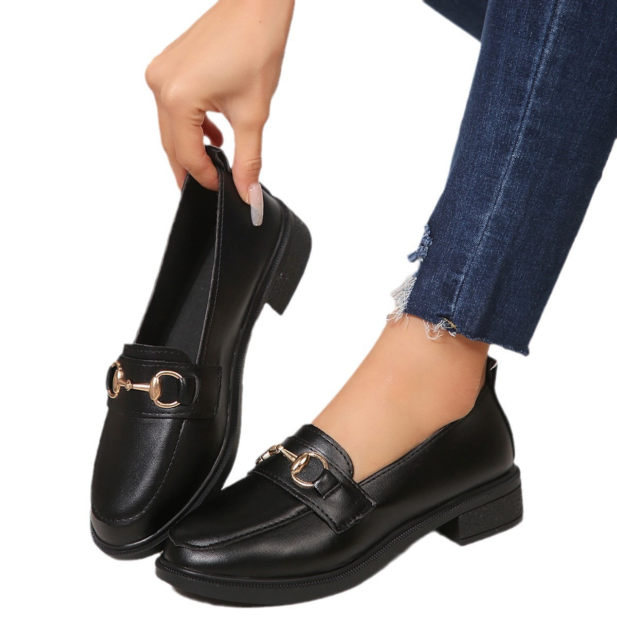 Ladies Patent Leather Platform Loafer with Gold Horsebit Detail and Low Block Heel Chichicherry