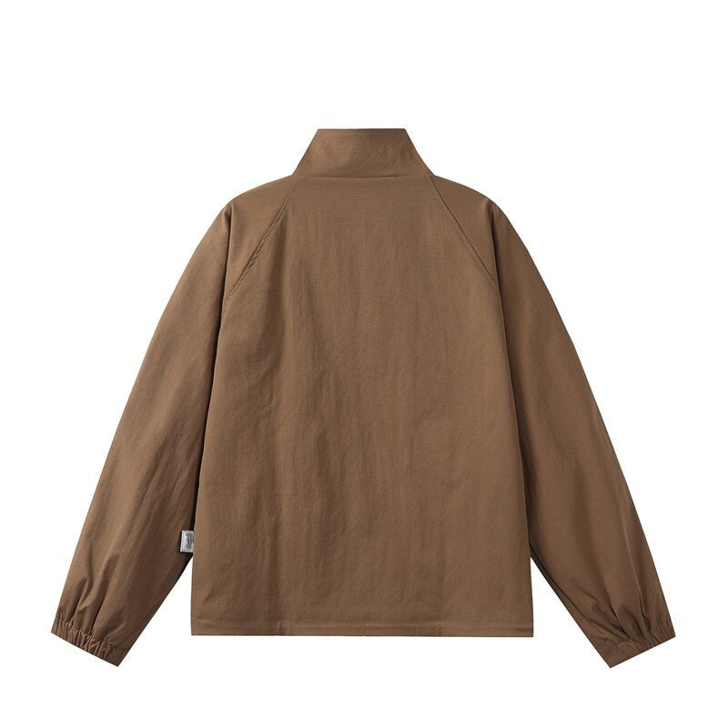 Men's lightweight transitional jacket in minimalist field style with high standing collar and hidden front flap Chichicherry