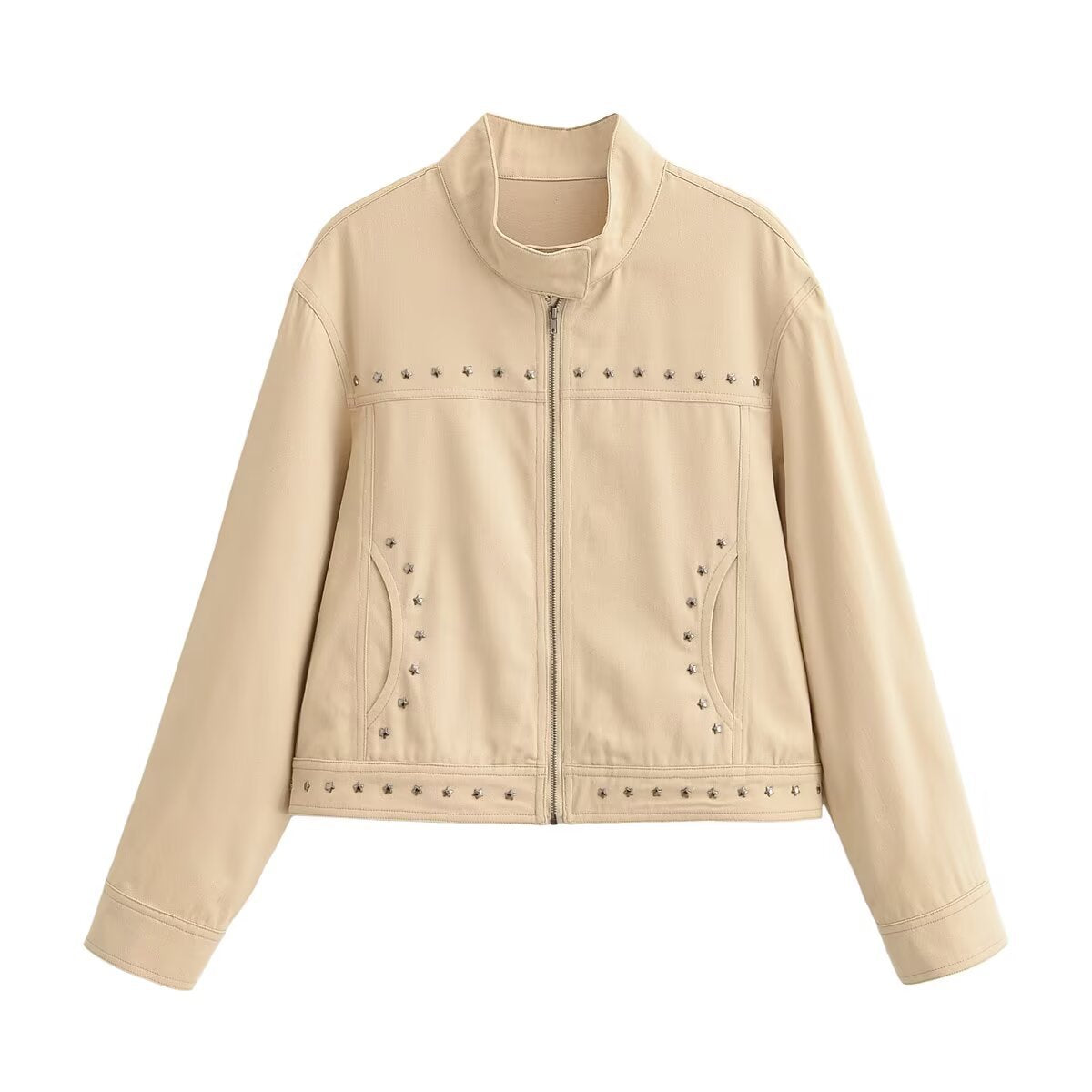 Women’s short-cut vegan leather jacket with stand-up collar, full-length zipper and star stud detail Chichicherry