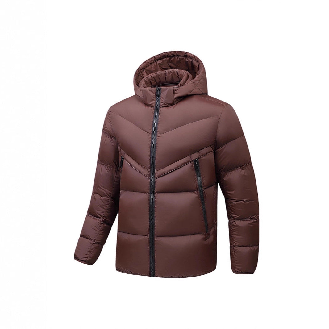 Men's Lightweight Down-Look Padded Jacket with Hood, Windproof Thermal Insulation and Vertical Zip Pockets Chichicherry