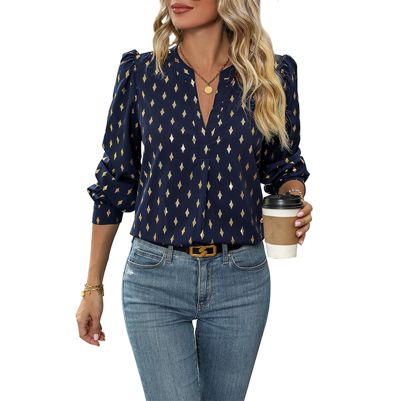 Women's loosely falling viscose fine blouse with stand-up collar, V-neck and balloon sleeves Chichicherry