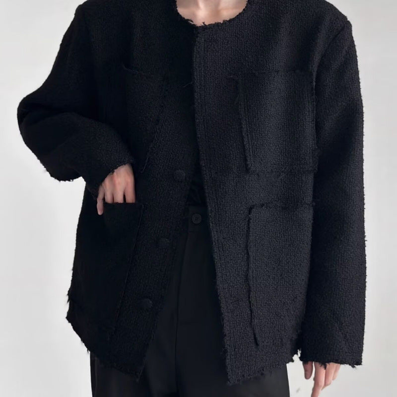 Damen Oversized Bouclé-Jacke ohne Kragen mit aufgesetzten Taschen und Raw‑Edge-Details Chichicherry