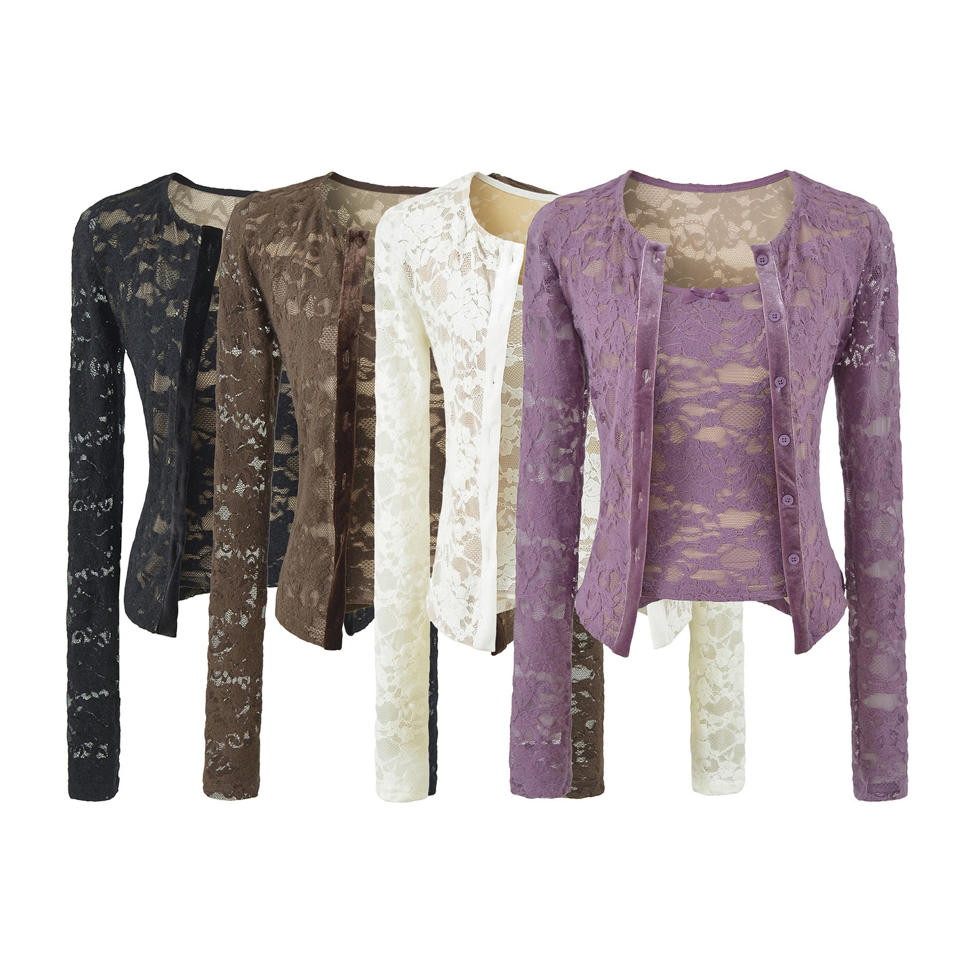 Ladies Fine Lace Cardigan with Matching Under Top and Velvet Trim Chichicherry