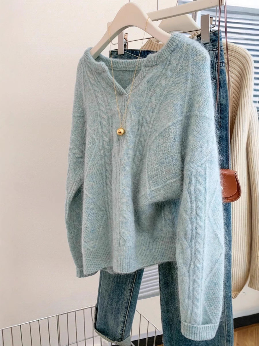 Women Oversize Mohair-Look Cable Knit Sweater with V-Neck and Drop Shoulder Chichicherry