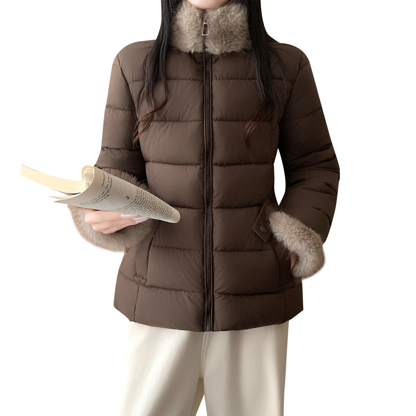 Women's fitted thermal quilted jacket with removable fake fur collar and elastic waist belt Chichicherry
