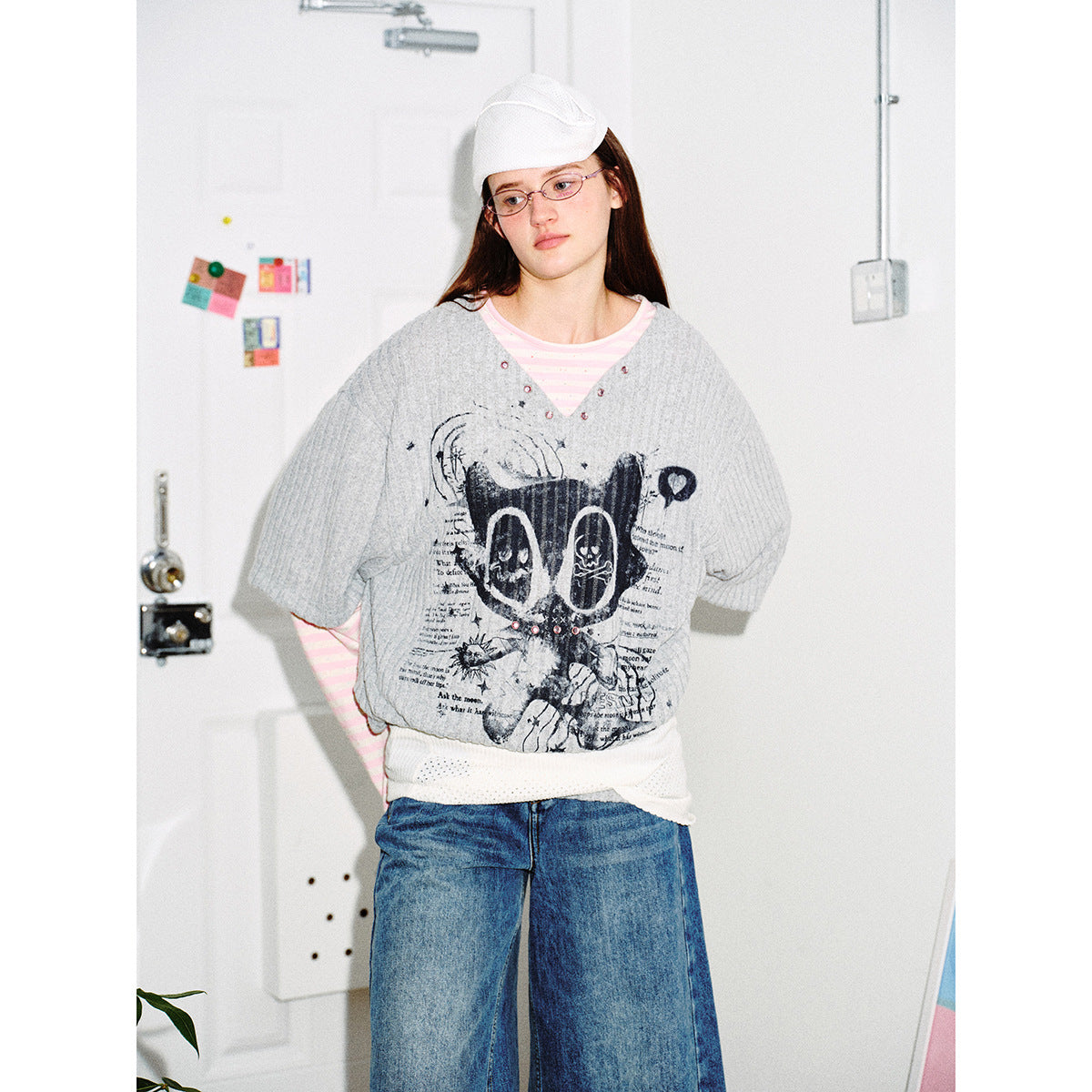 Women's Layered Look Long Sleeve with Striped Sleeves and Graphic Statement Print Chichicherry