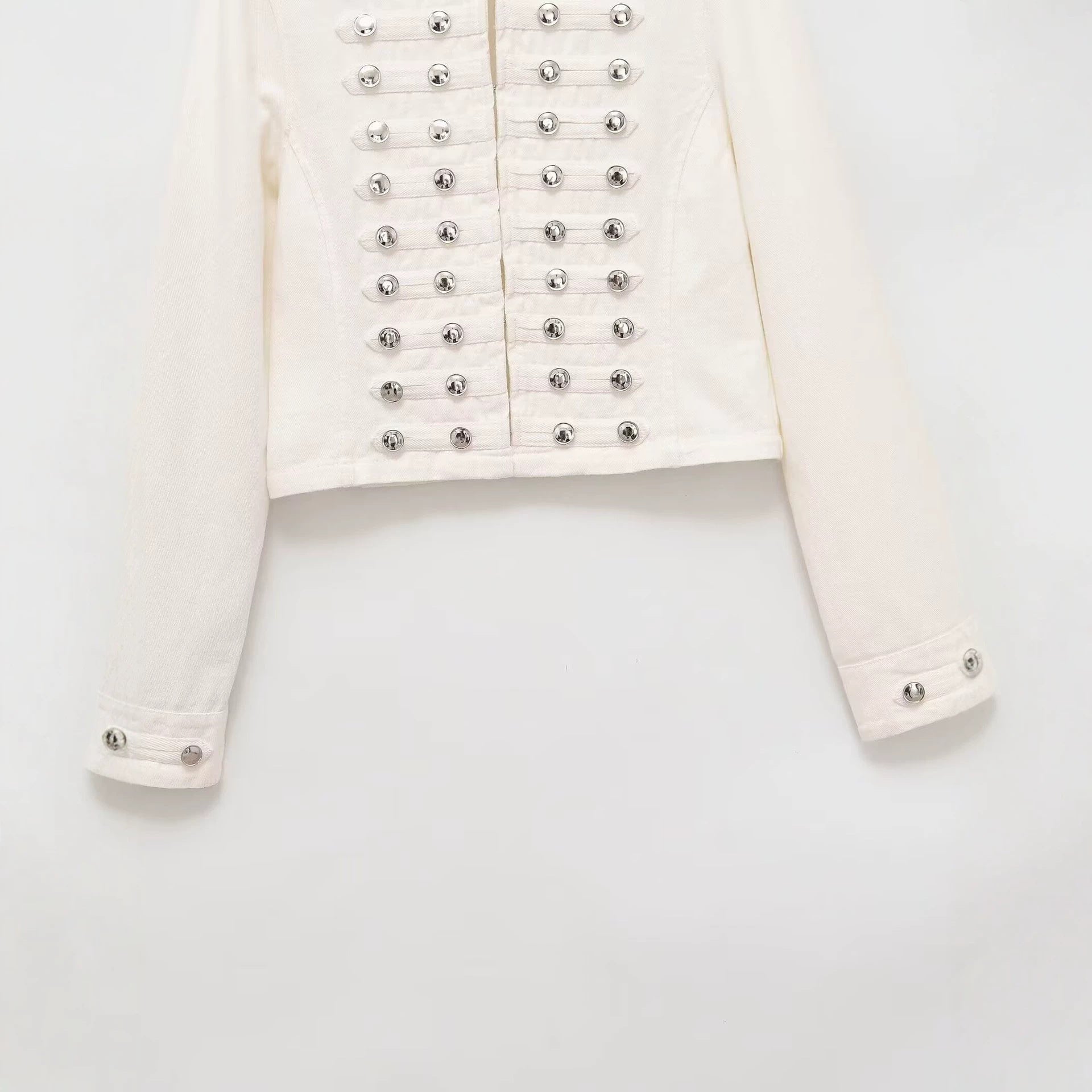 Women's military-style jeans jacket with stand-up collar and decorative button plackets Chichicherry