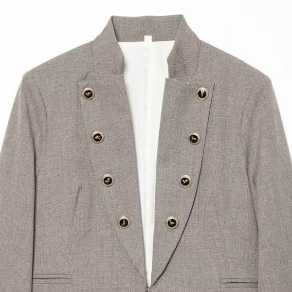 Ladies short blazer in military style with stand-up collar, double-breasted decorative button placket and tailored silhouette Chichicherry