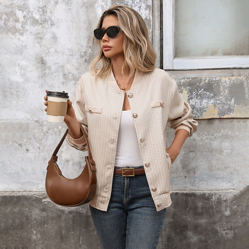 Ladies Elegant Tweed Bomber Jacket with Ribbed Cuffs and Decorative Buttons Chichicherry