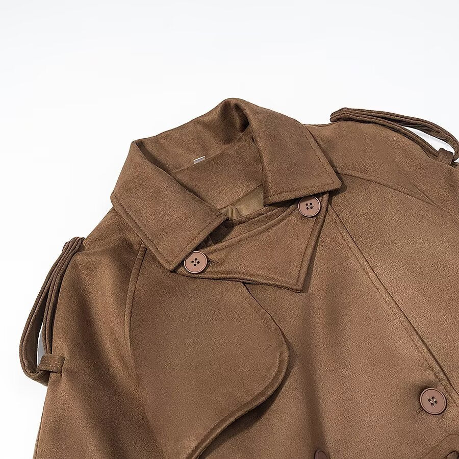 Women's Elegant Long Waist Trench Coat with Double-Breasted Button Placket and Flared Hem Chichicherry
