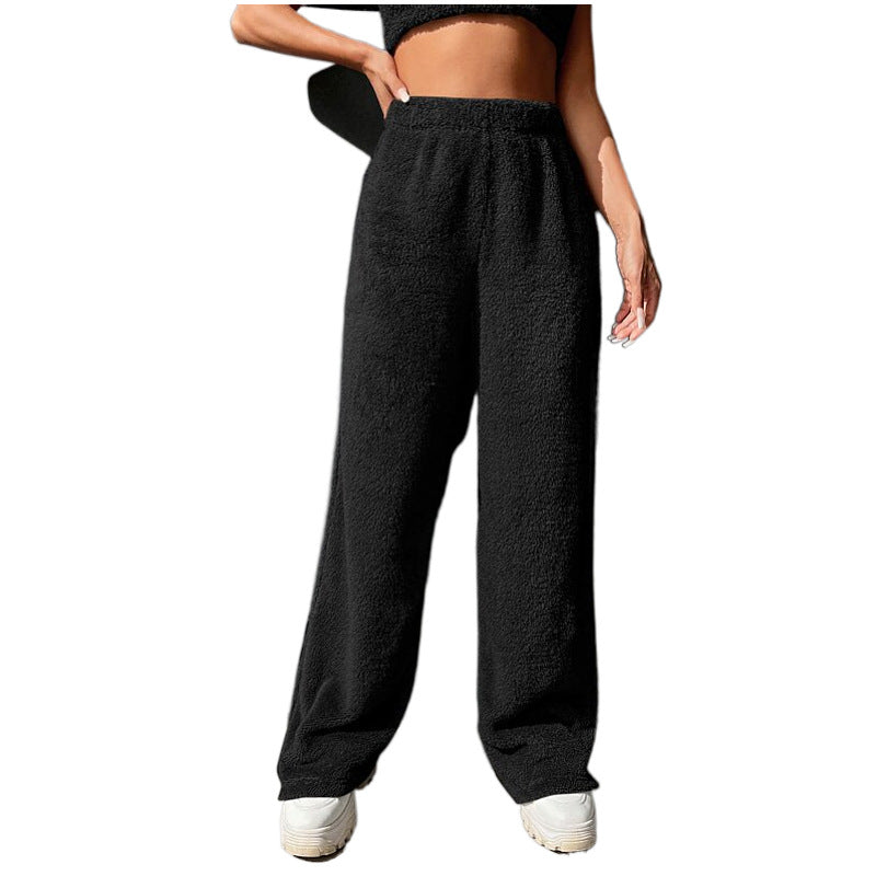 Women's Plush Lounge Pants with High Elastic Waistband and Wide Leg Chichicherry