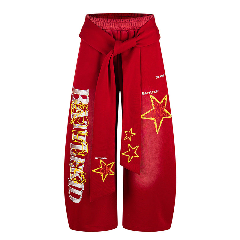Ladies Wide Palazzo Culotte Pants with Integrated Tie Belt and Star Graphic Chichicherry