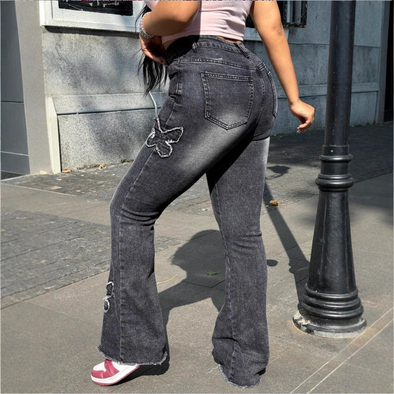 Ladies High-Waisted Flared Jeans with Butterfly Embroidery, Raw Hem and Sculpting Stretch Waistband Chichicherry
