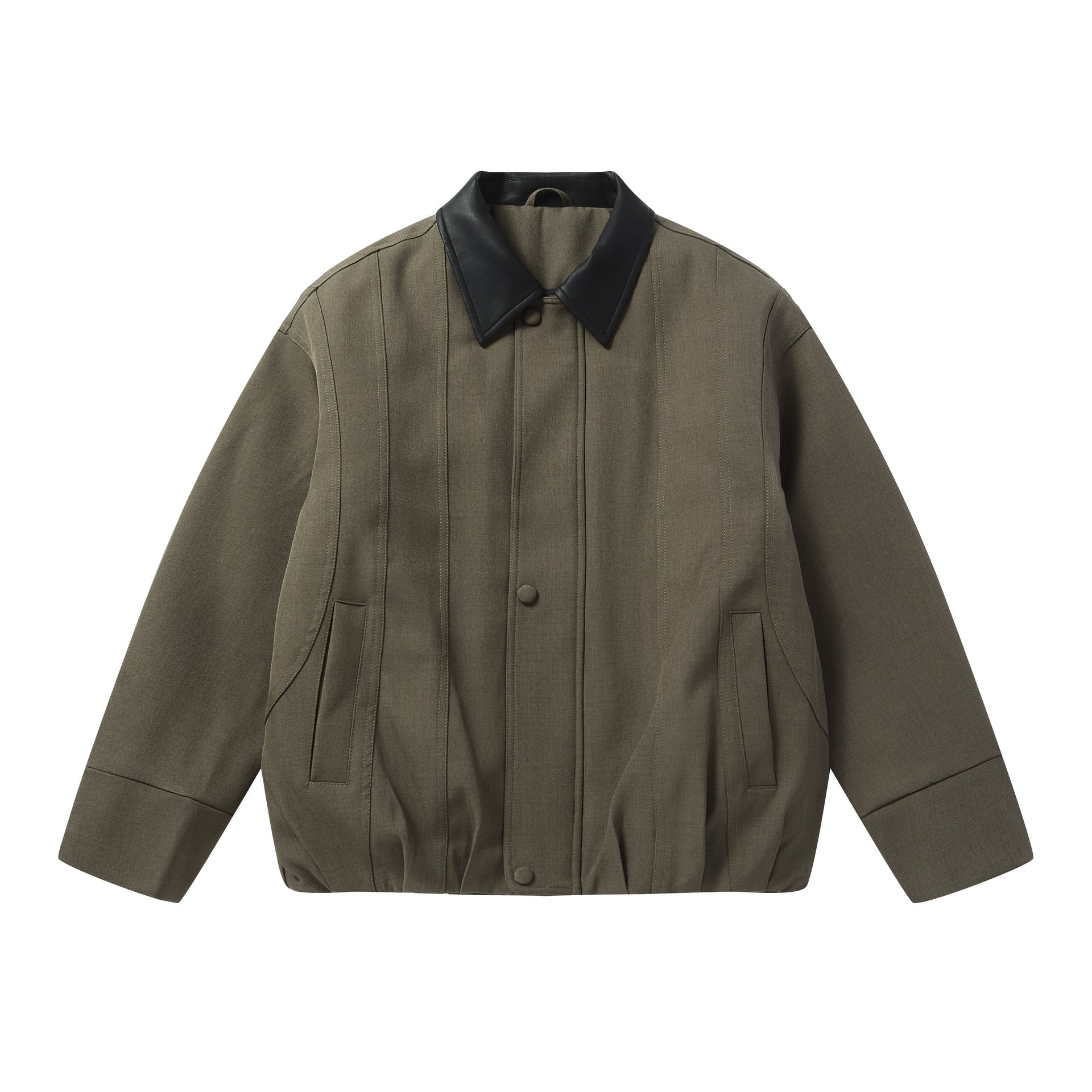 Men's Short Boxy Workwear Blouson with Leather Collar and Vertical Quilting Chichicherry