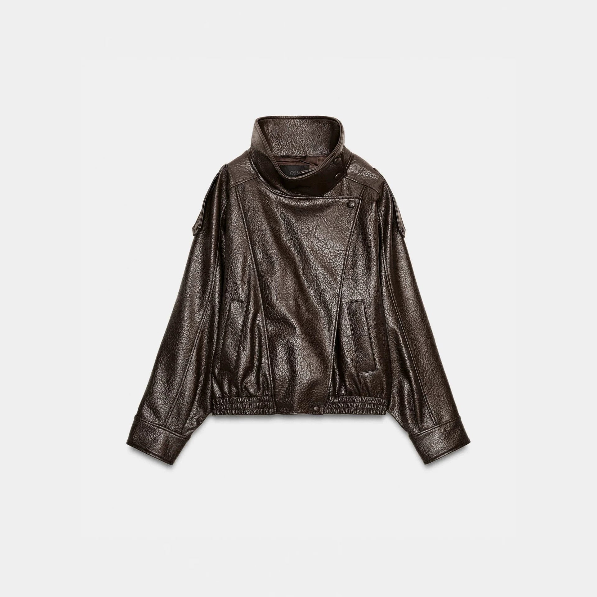 Men's short-cut leather jacket with high stand-up collar and ribbed hem Chichicherry