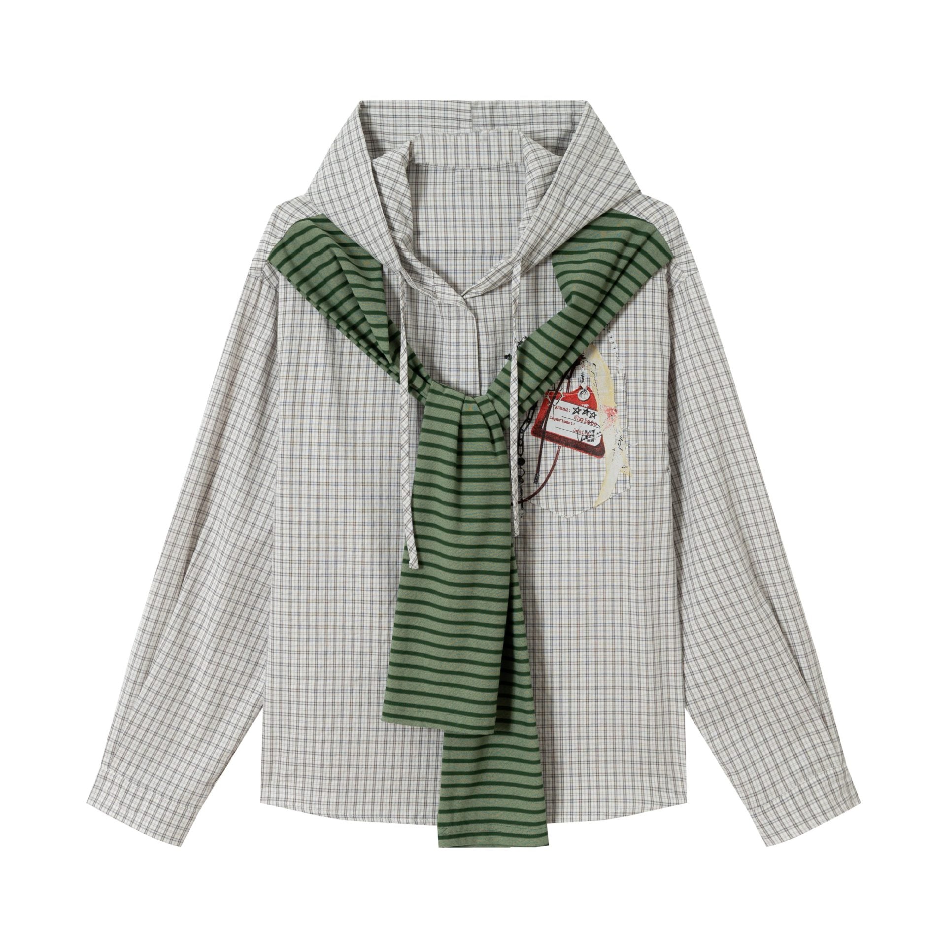 Women's Oversize Shirt Jacket with Hood, Attached Knit Scarf and Chest Patch Chichicherry