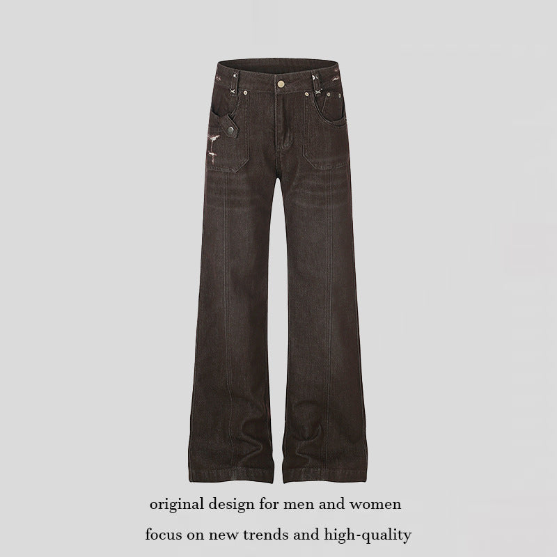 Women's Wide High-Waist Denim Trousers with Straight Leg and Utility Patch Pockets Chichicherry