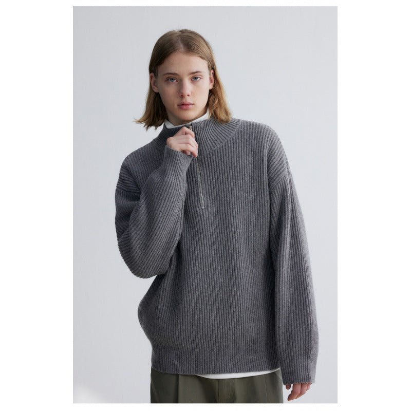 Herren Oversized Rippstrick-Halbzippullover mit verlängertem Arm und hohem Stehkragen Chichicherry