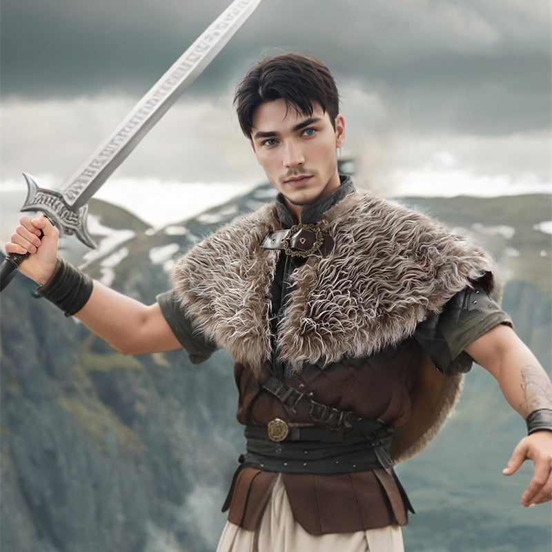Men's Short Faux Fur Shoulder Cape in Medieval Style with Decorative Closure Chichicherry