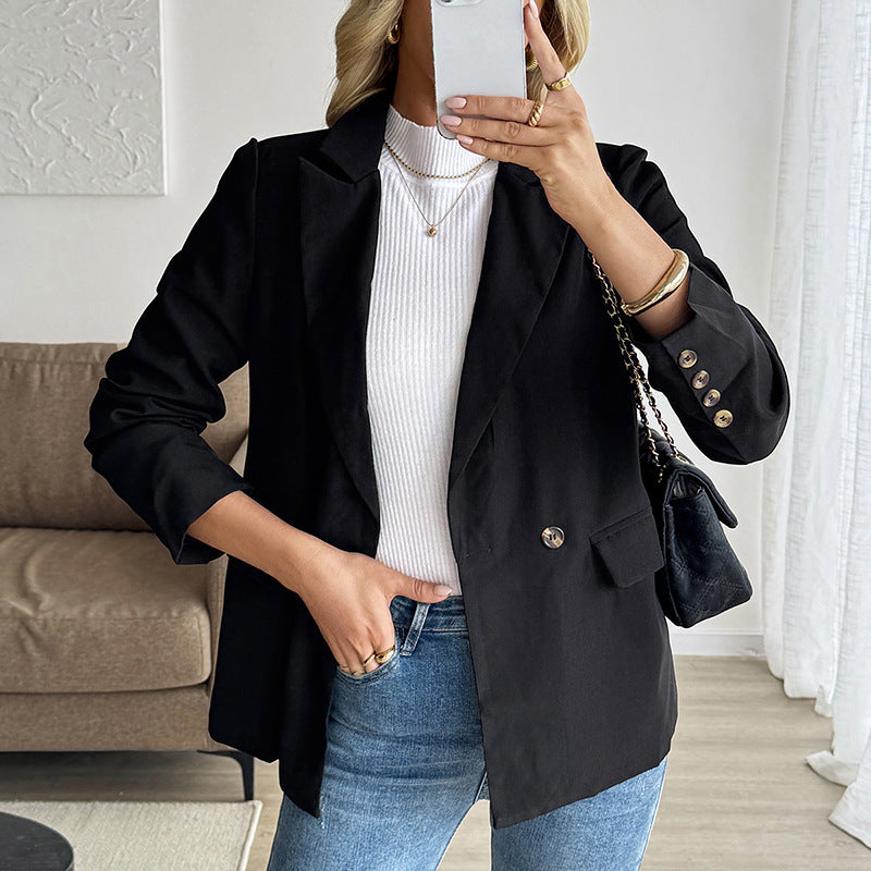 Women Figure-flattering Long Blazer with inset button, rolled sleeves and flap pockets Chichicherry