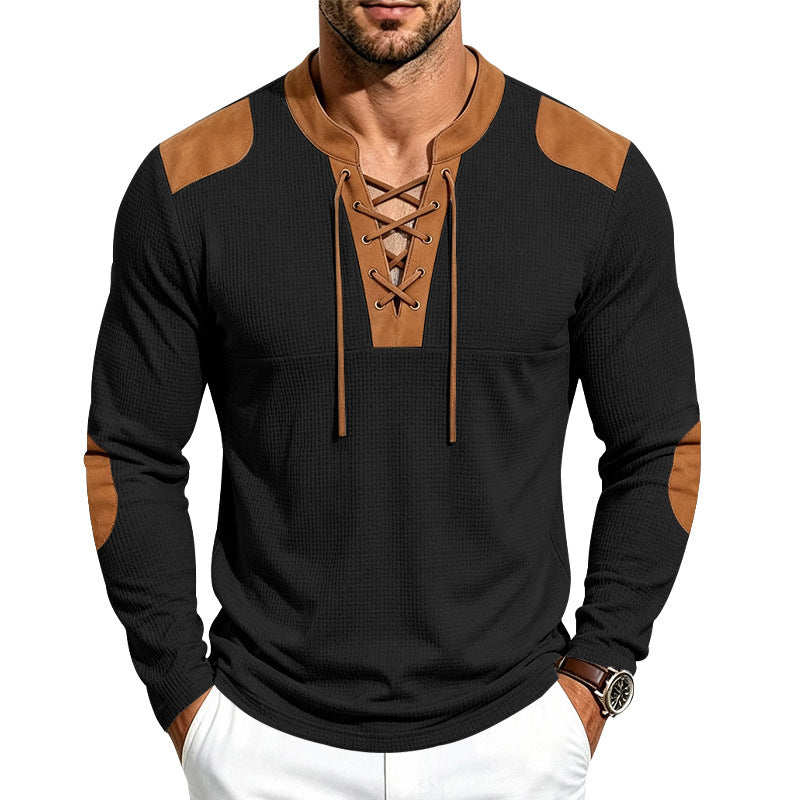 Men's Waffle Knit Long Sleeve Shirt with Laced Collar and Faux Leather Patches Chichicherry