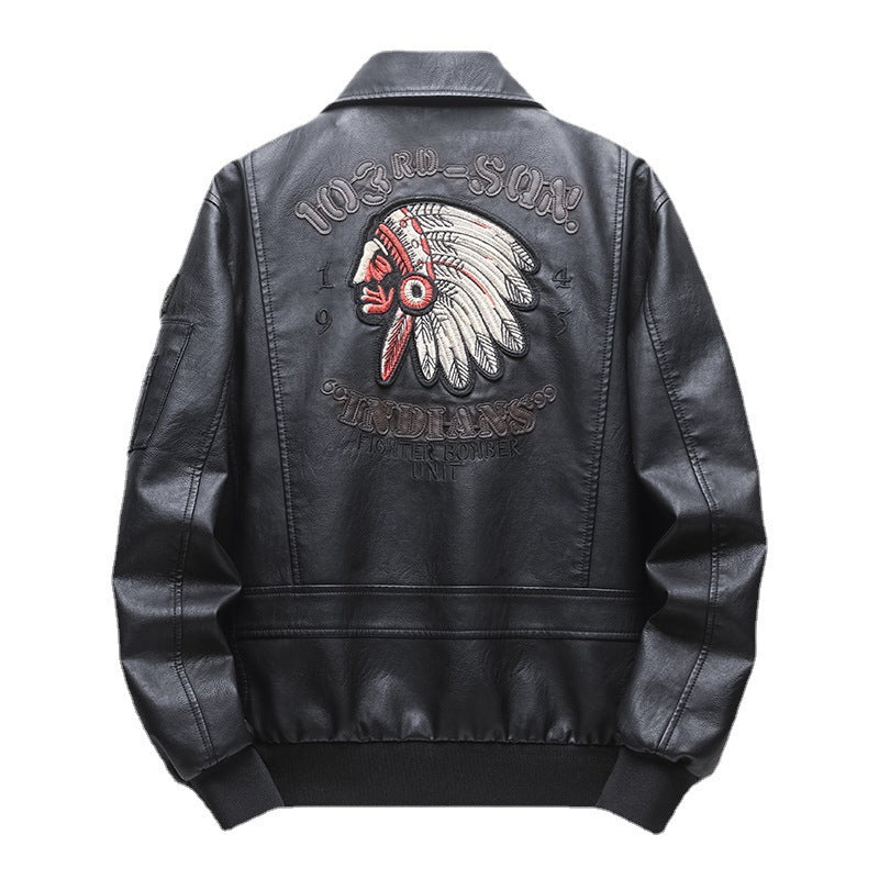 Men's pilot bomber jacket made of faux leather with embroidered patches and ribbed cuffs Chichicherry