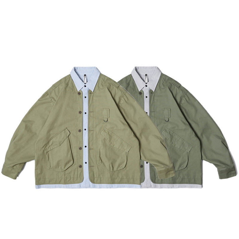 Unisex Oversize Shirt Jacket in Worker Style with Patch Flap Pockets and Contrasting Placket Chichicherry