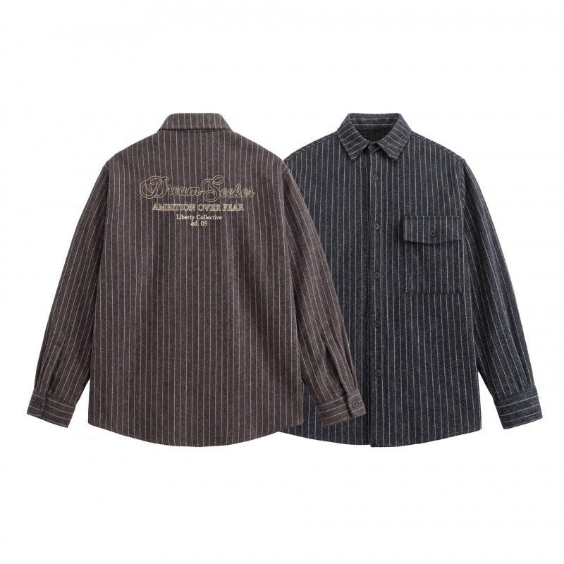 Unisex Overshirt Shirt Jacket with Pinstripes and Patch Pocket Chichicherry