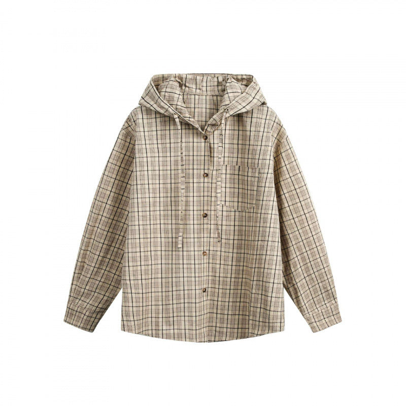 Unisex wide checkered hooded shirt jacket made of cotton flannel with patch breast pocket Chichicherry