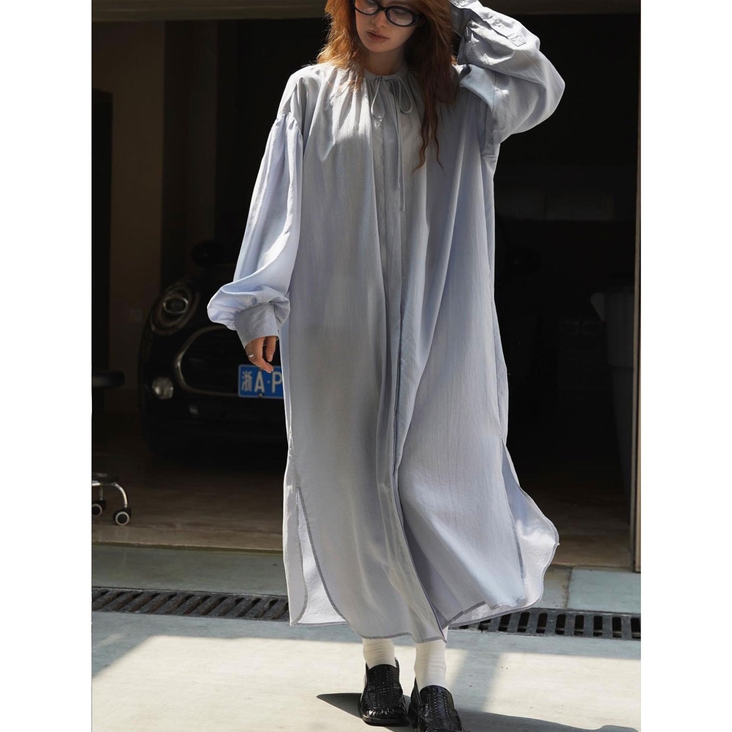 Ladies Soft Oversized Maxi Dress with Tied Collar and Balloon Sleeves Chichicherry