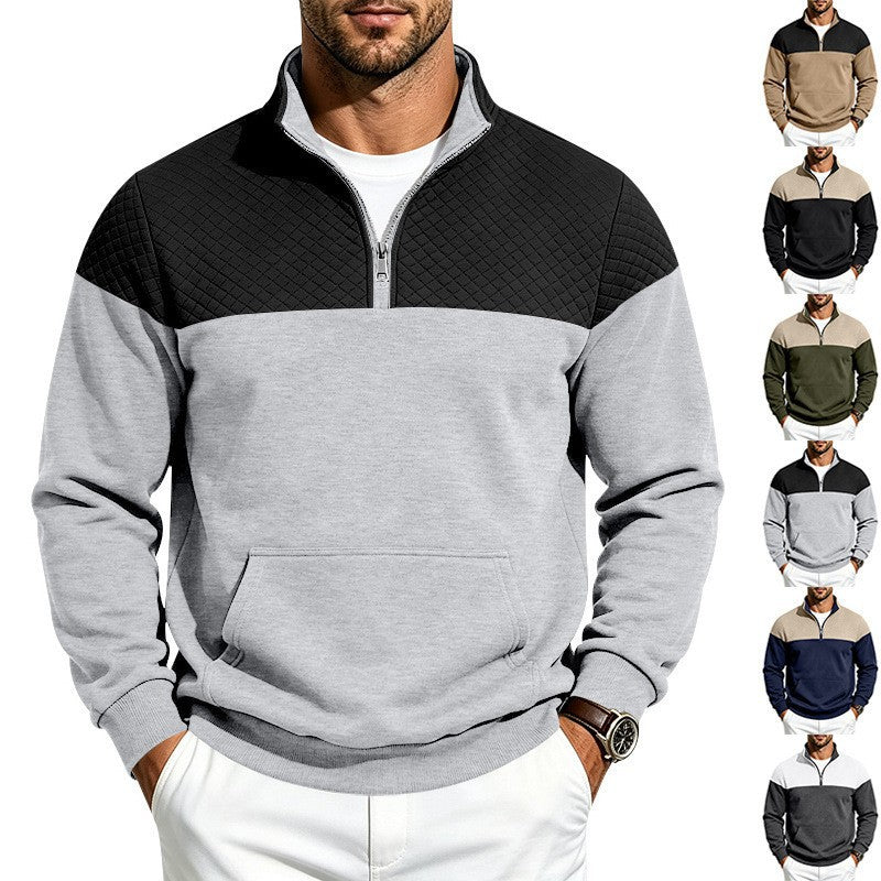 Men's Stand Collar Sweatshirt with Half Zip, Quilted Shoulder Yoke and Kangaroo Pocket Chichicherry