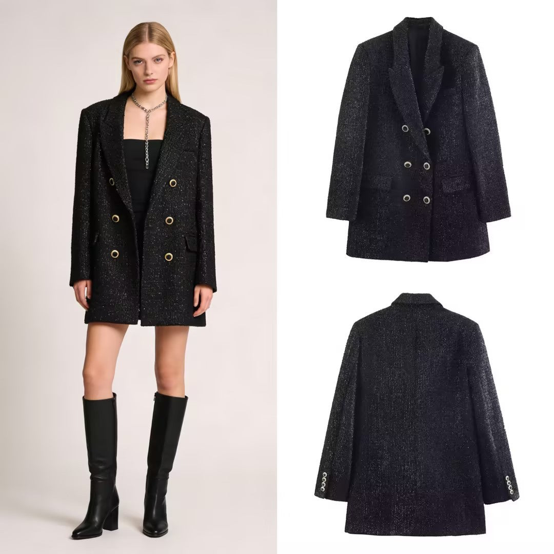 Ladies Double-breasted Boucle Blazer Coat with Lapel Collar and Decorative Metal Eyelets Chichicherry