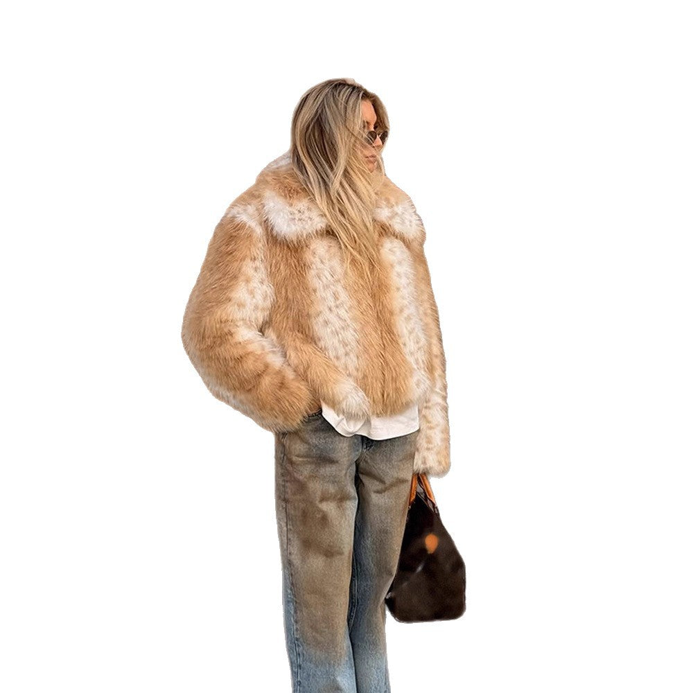 Women's Boxy Faux Fur Jacket with Two-Tone Shag Look and Notched Collar Chichicherry