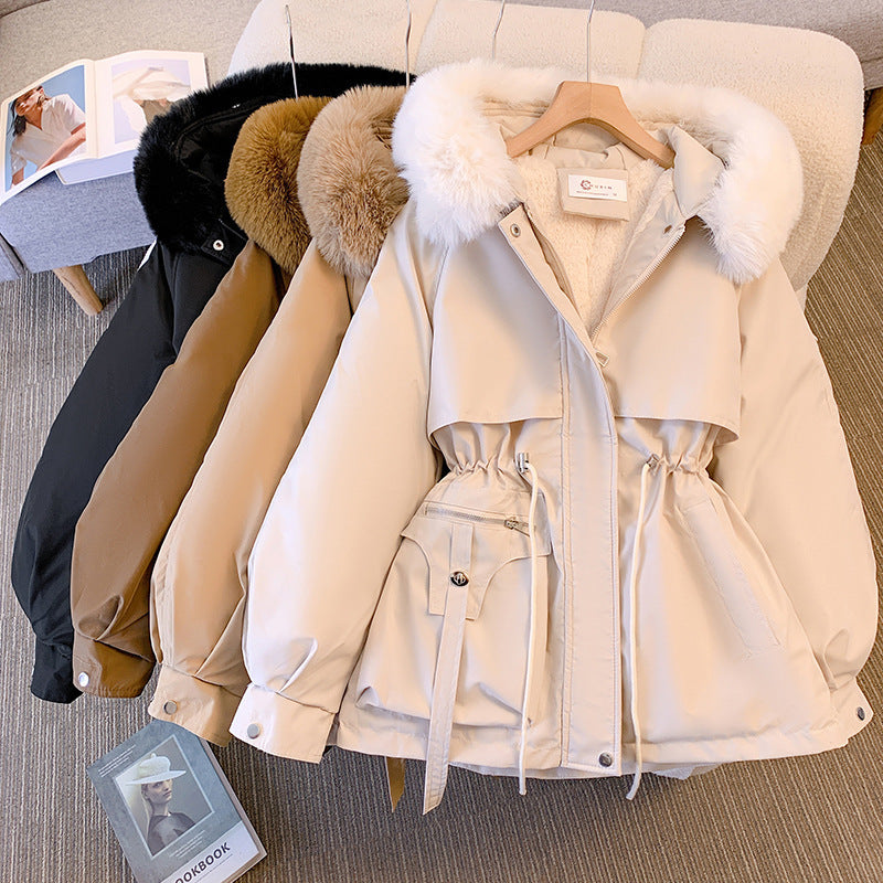 Women's short utility parka with drawstring waist, detachable faux fur collar, and asymmetrical pockets Chichicherry