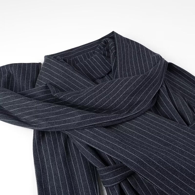 Women Tailored Pinstripe Coat with Ties and Wide Maxi Skirt Chichicherry