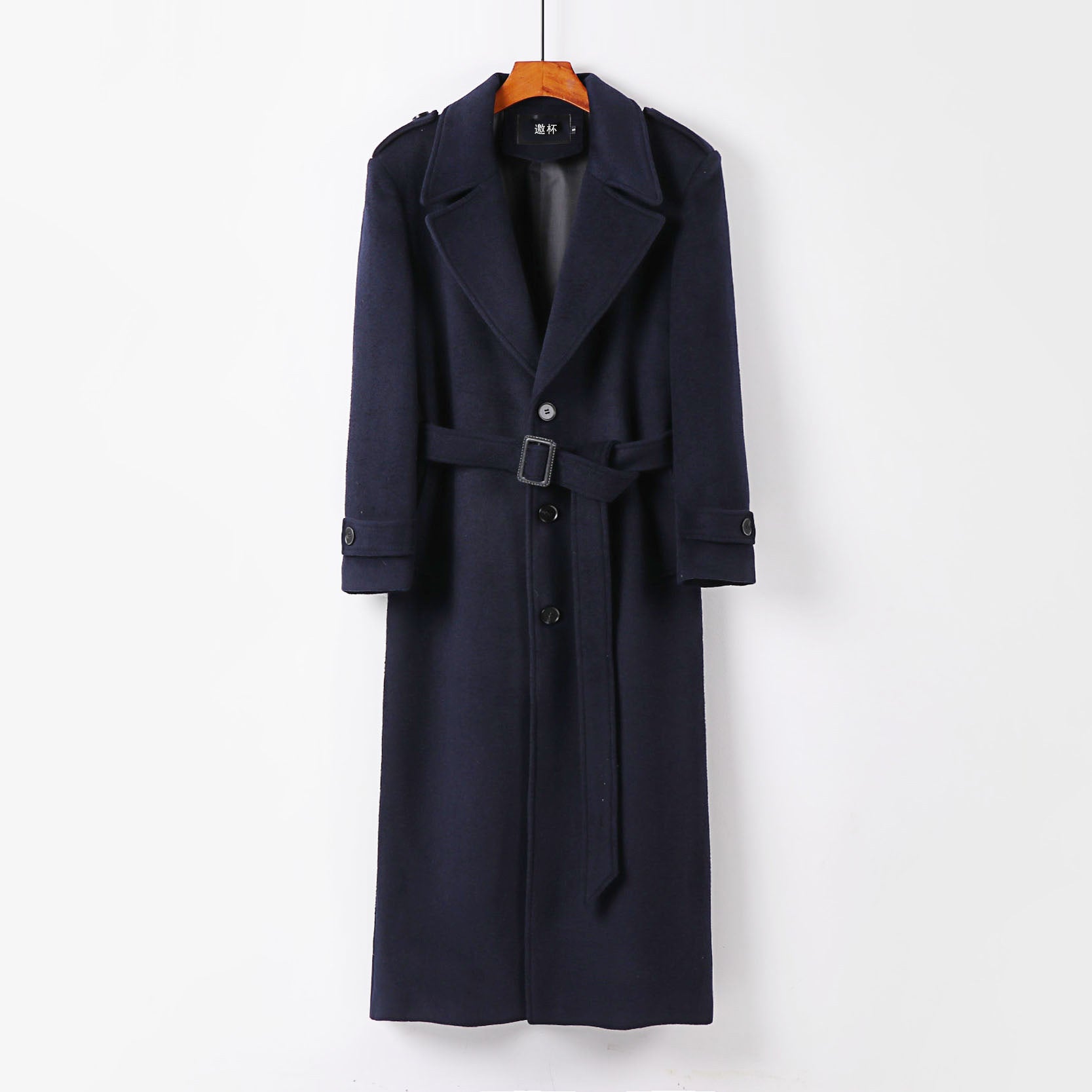 Men's Maxi Length Single-Breasted Wool Coat with Shawl Collar Shoulder Patches and Tie Belt Chichicherry