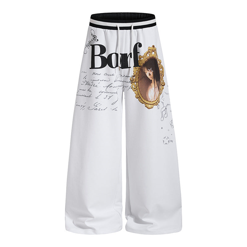Ladies Extra Wide Palazzo Lounge Pants with Elastic Comfort Waistband, Drawstring and Large Vintage Motif Chichicherry