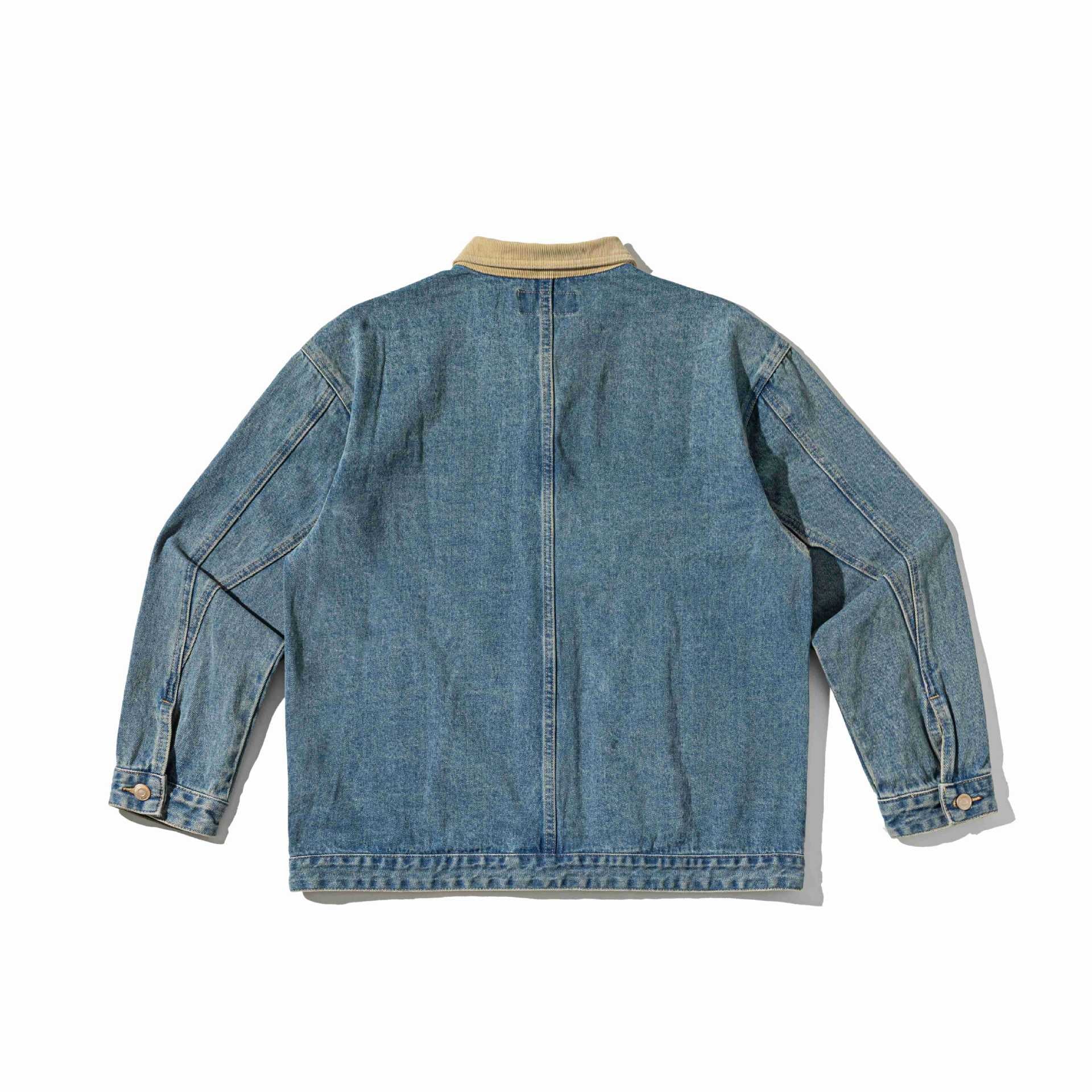 Unisex Boxy Denim Blouson Jacket with Cord Collar and Utility Pockets Chichicherry