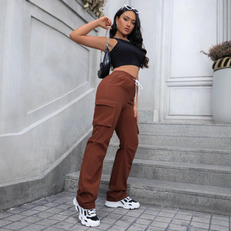 Women's high-waist cargo joggers with wide leg and drawstring Chichicherry