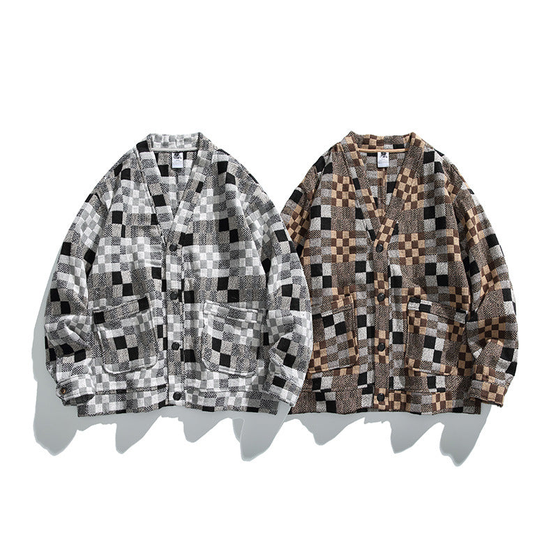 Unisex Boxy Cardigan in Patchwork Check with V-neck, snap front, and patch pockets Chichicherry