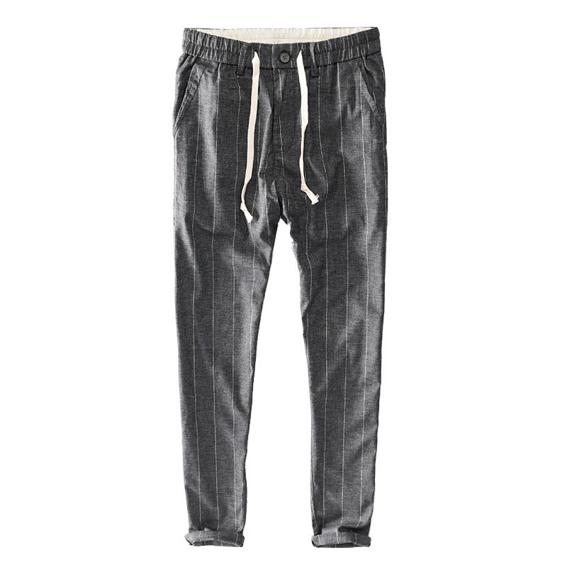 Men's casual pants with elastic waistband and drawstring tapered pinstriped look Chichicherry